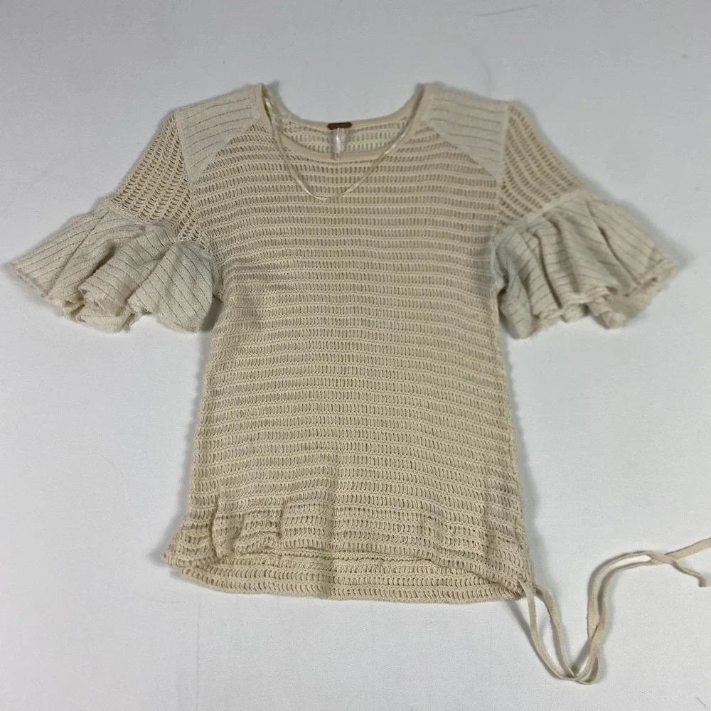 Free People Sweater Womens XS White Open Knit Ruffle‎ Bell Sleeve Boho Top